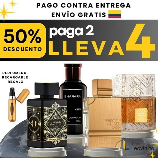 KIT 4 PERFUMES 100ml + REGALO (Lattafa-Oud For Glory | Bharara-King | Al Haramain-Amber Oud | Lattafa-Khamrah)